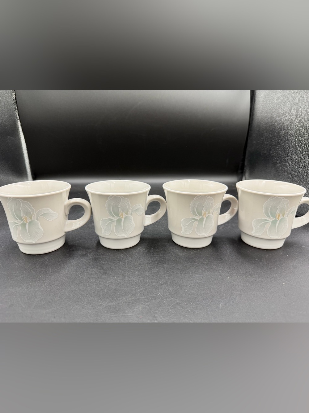 VTG (4) Noritake Fantasia Coffee Mug Cup 8979 Gray Iris Flower Stoneware Japan